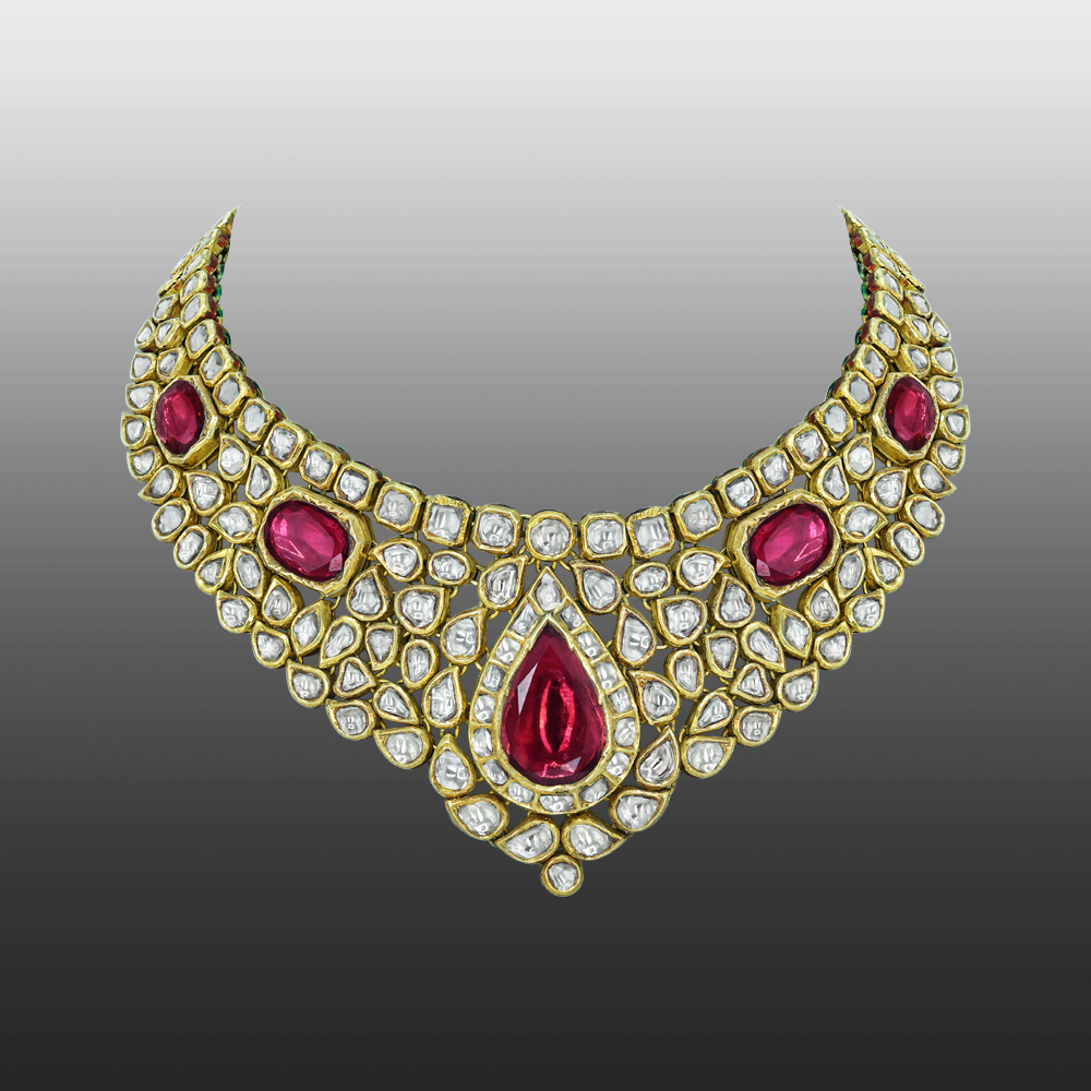 Regal Polki Necklace with Red Stone and Opulent Design